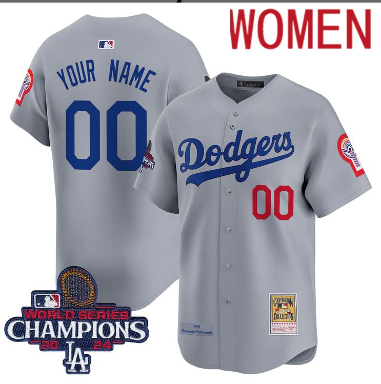 Women MLB Los Angeles Dodgers Custom grey 2024 World Series Champions Patch Cooperstown Jersey->customized mlb jersey->Custom Jersey